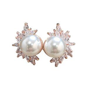 Bridal Weddings Rose Gold Plated Cubic Zirconia Faux Peart Stud Earrings